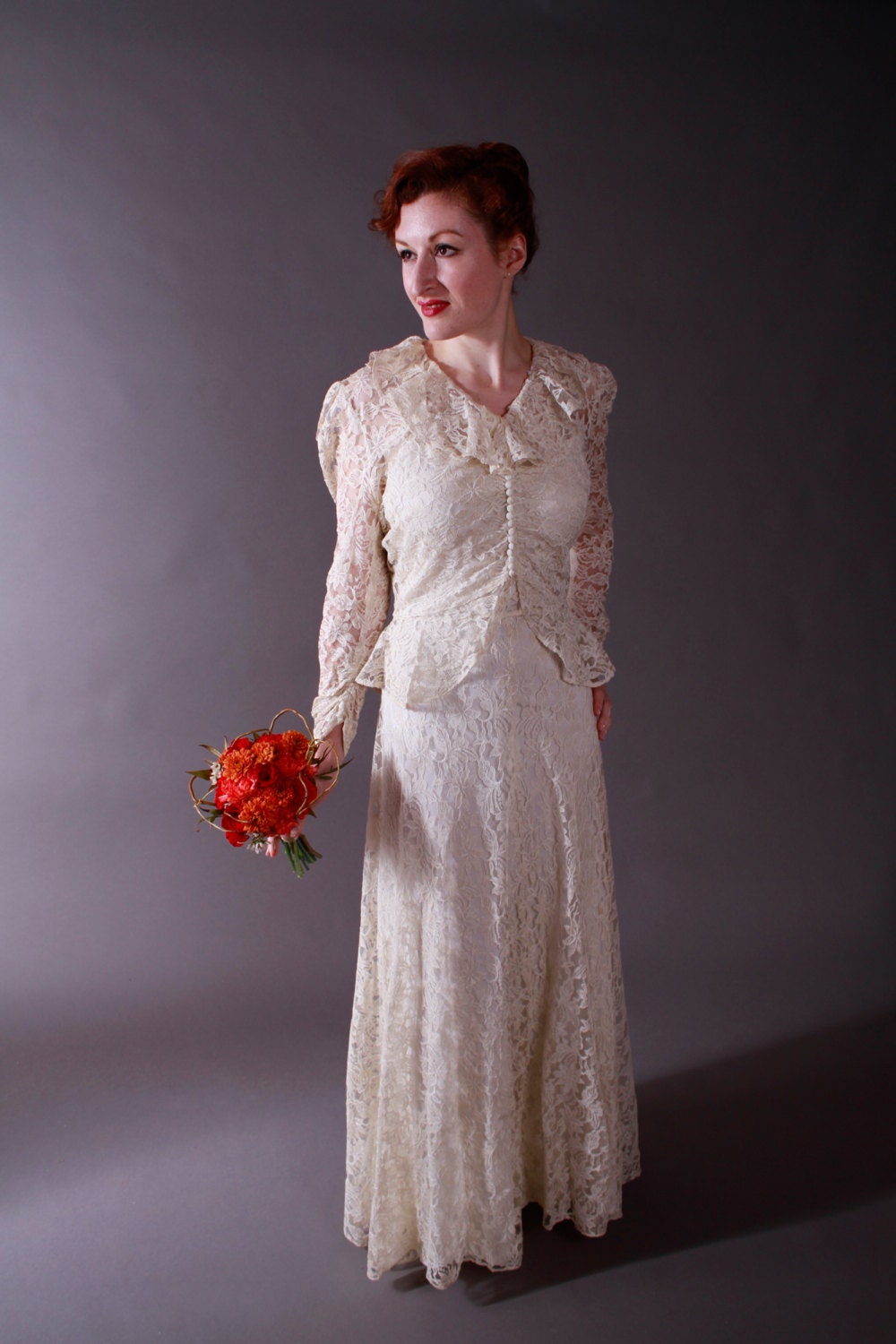 Vintage 1930s Wedding Dress - Sleeveless Lace Wedding Gown with Peplum Jacket