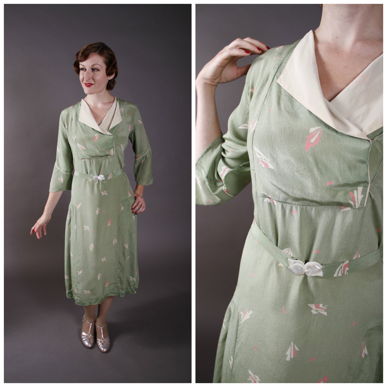 Vintage 1930s Dress - Printed Green Silk Early 30s Silk Dress with Mother of Pearl Buckle