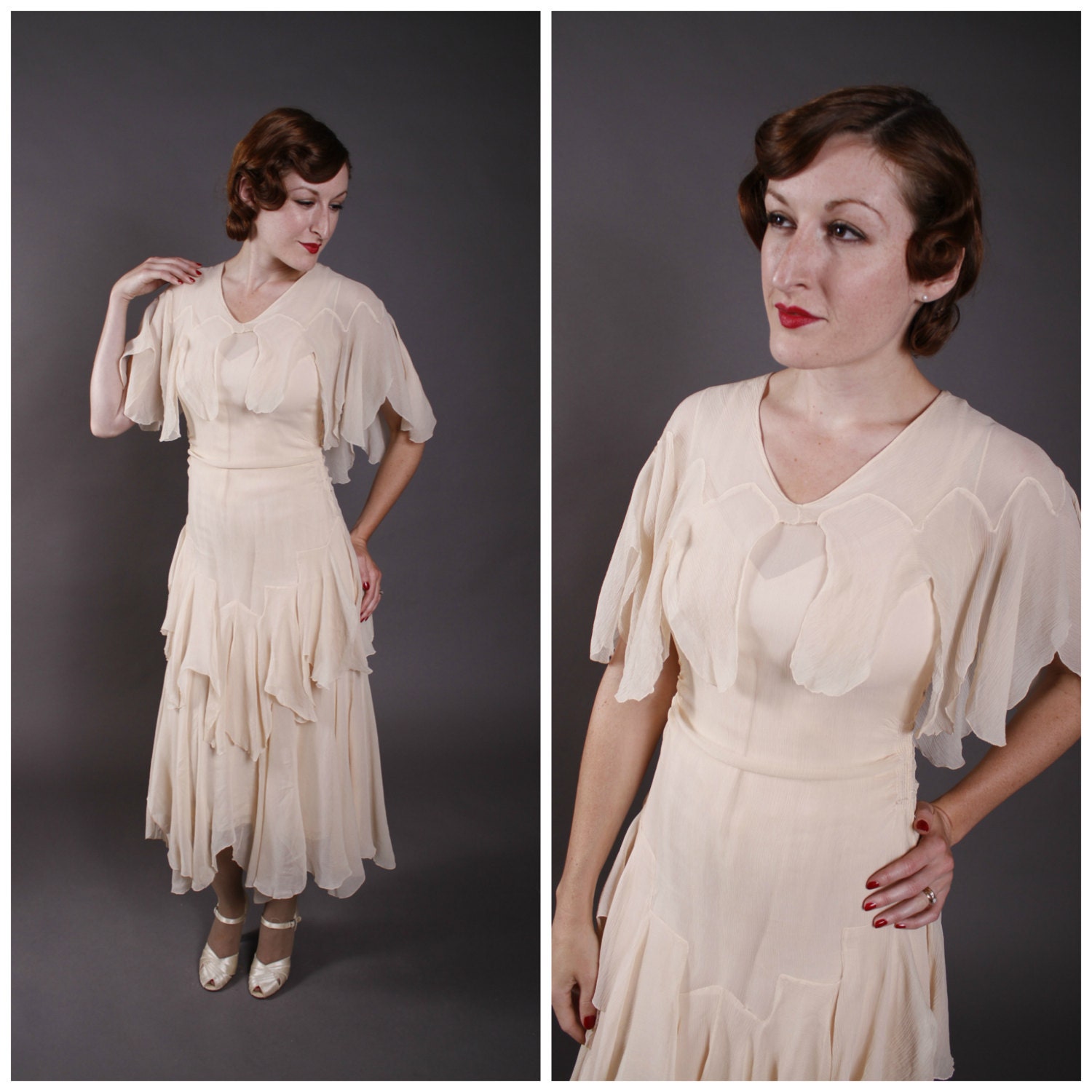 RESERVED ON LAYAWAY Vintage 1930s Dress - Whisper Pale Peach Crepe De Shine Summer Dress Wedding Gown