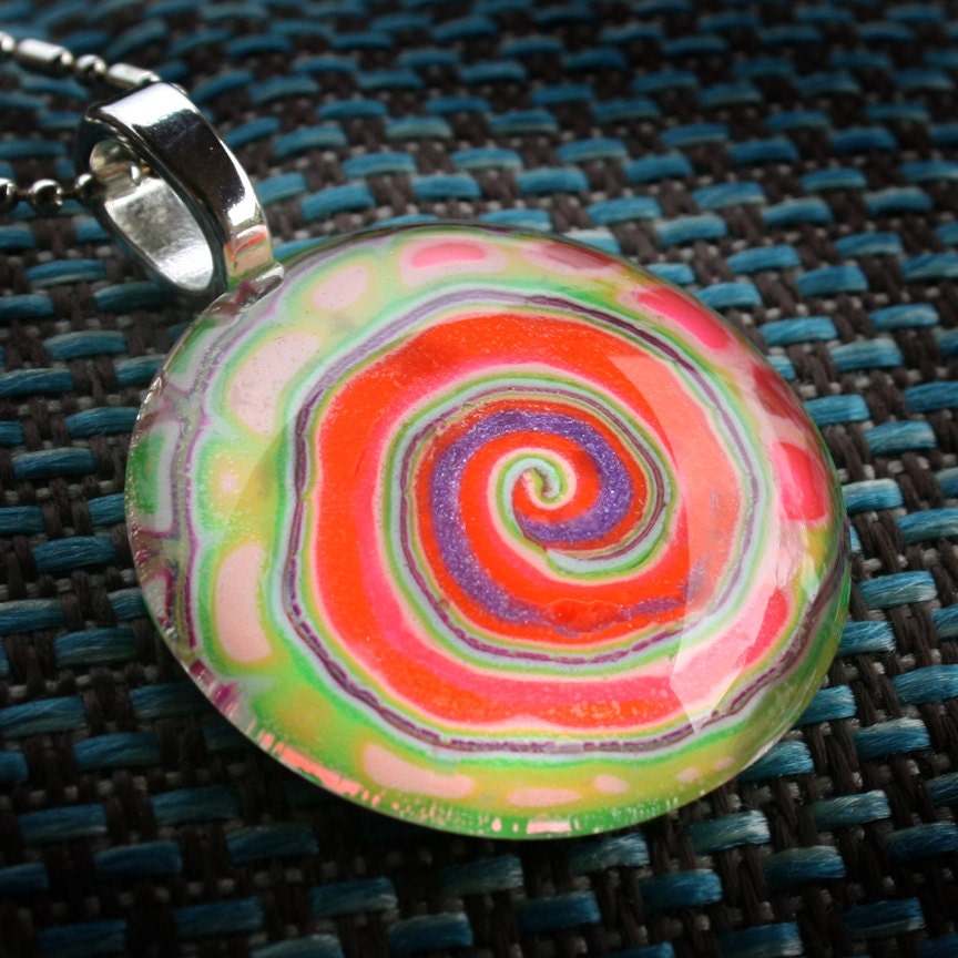 Neon Poppy Red Hypno Swirl Polymer Clay Pendant under Glass Dome on Silver  Ball Chain - Teen Jewelry