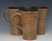 Ceramic travel mug with lid -  reddish brown and green