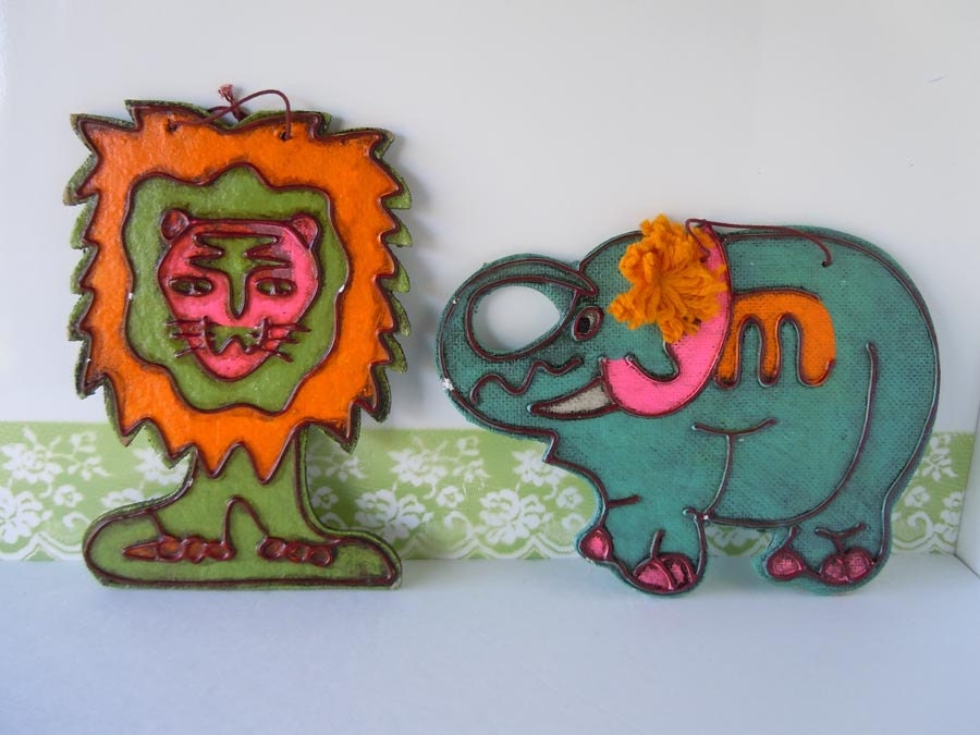 Vintage 1960s Childrens Room Decor Wall Hangings Animals Lion Elephant