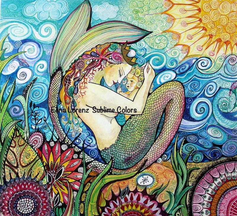 Mama and Baby Mermaid / Flowers / See / Sun / Nursery wall Art / Room Decor/ Modern Art / Fantasy Print from Original Watercolor Painting