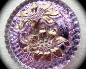 BiG PAiR czech glass buttons Gold Lilies violet 1 1/16" x2