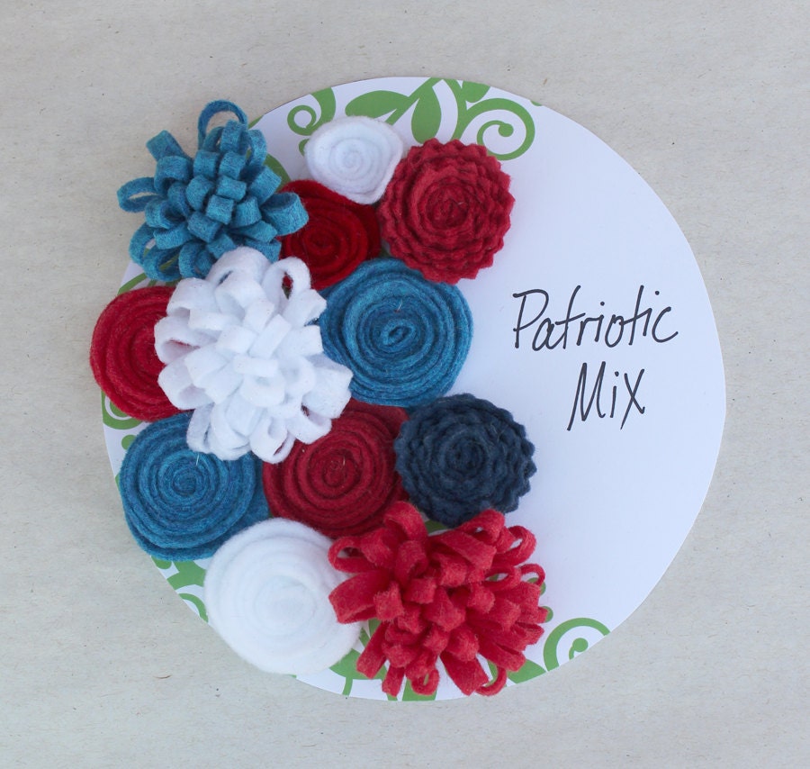 Red, White and Blue Felt Flowers, Patriotic Mix, Wool Felt Flowers - Set of 12 - READY TO SHIP