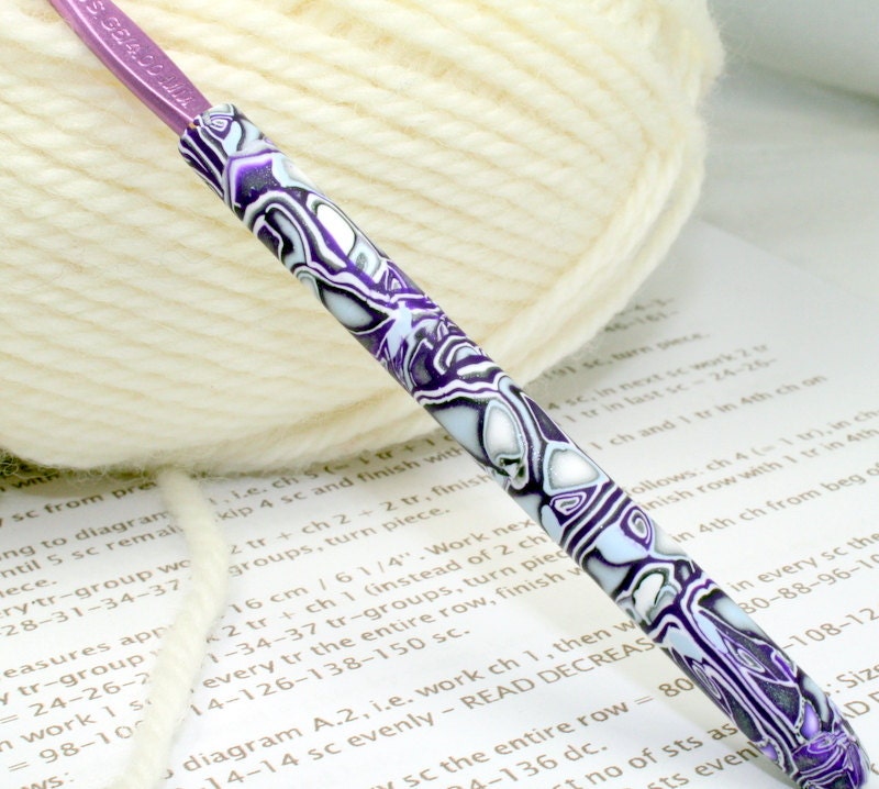 Polymer clay covered crochet hook, kaleidoscope purple and blue, New size G6/4.00mm, Susan Bates brand