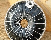 Wire wrapped black agate donut gemstone pendant black gray Czech glass linked handmade necklace