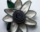 White and Purple Floral Brooch / Zipper Pin by ZipPinning - 3.5 in 9 cm -  2486