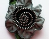 Pewter Grey / Gray and Black  Floral Brooch / Zipper Pin by ZipPinning 1152