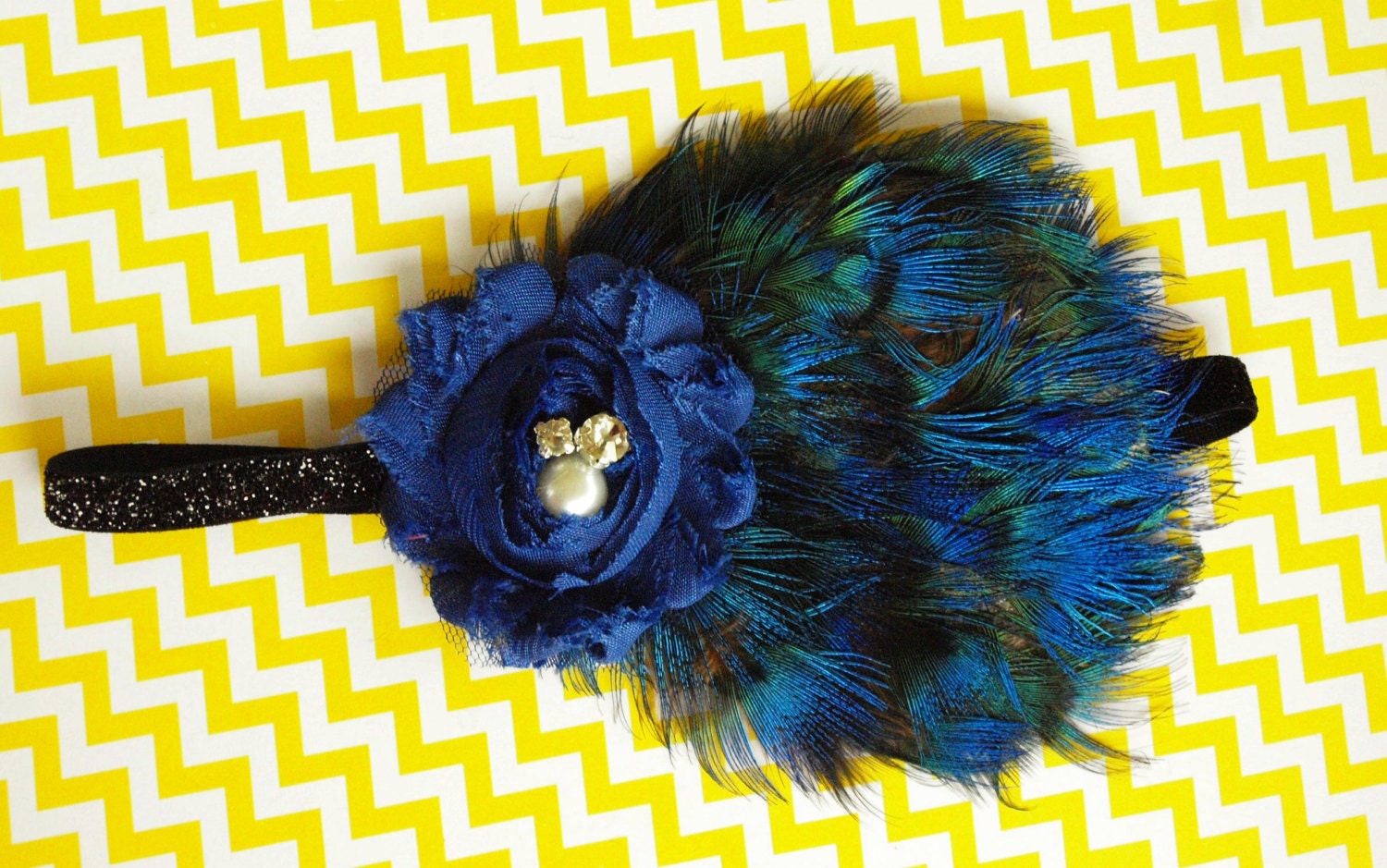 Royal Blue Feather Flower Stretchy Headband
