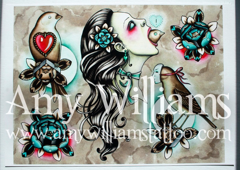 Moonlit Brown Masquerade Bird, Box Roses and Birdmouth Tattoo Art A3 Print
