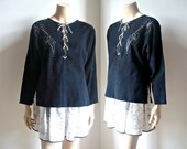 MINUIT French Vintage Midnight Blue Lace up Suede Leather Blouse