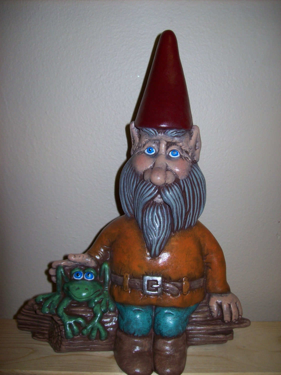 Ceramic Gnome on Log with Frog