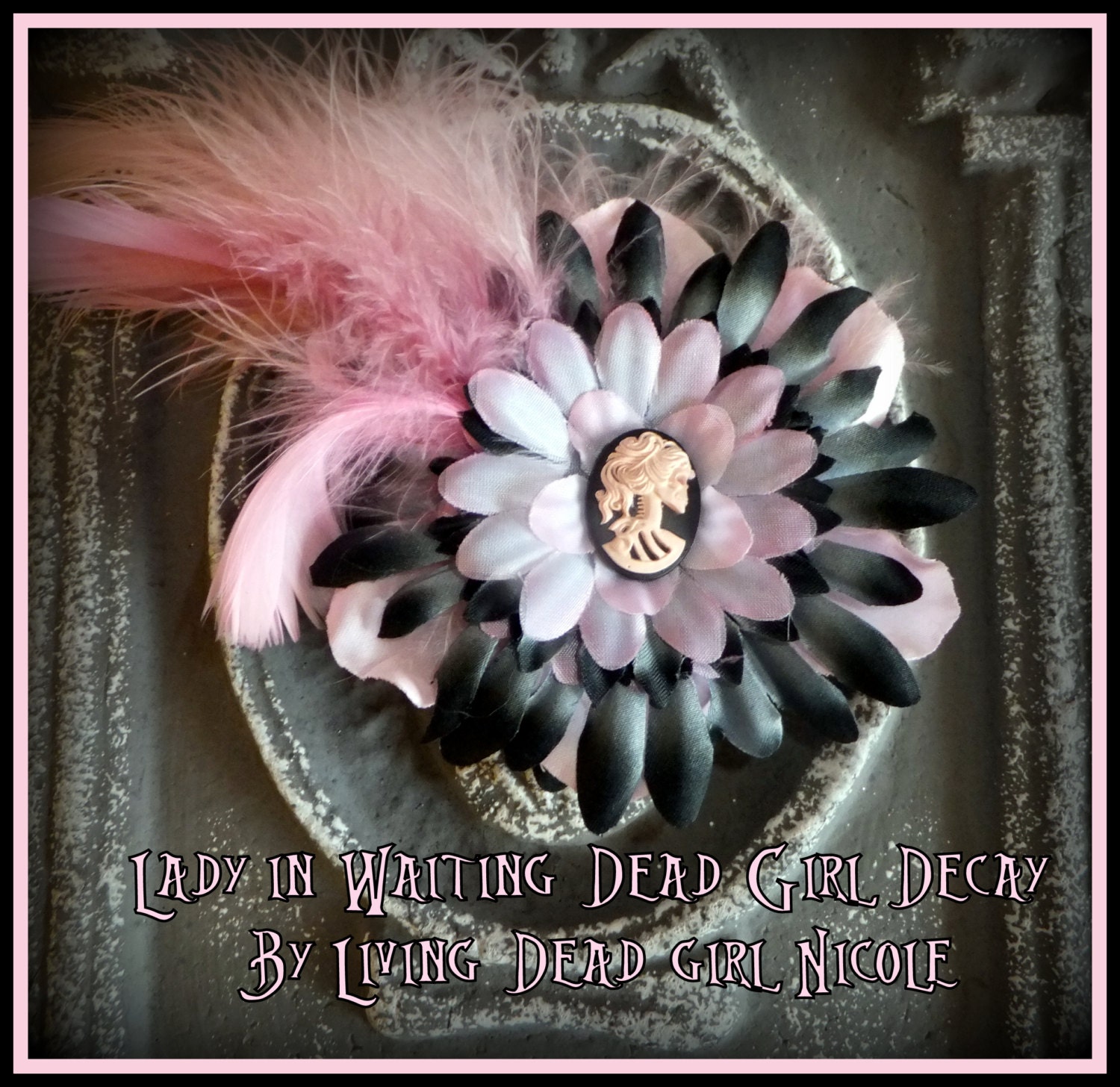 Dead Girl Decay - Skeleton Cameo - Black Pink Grey - Flower Feather Hair Barrette