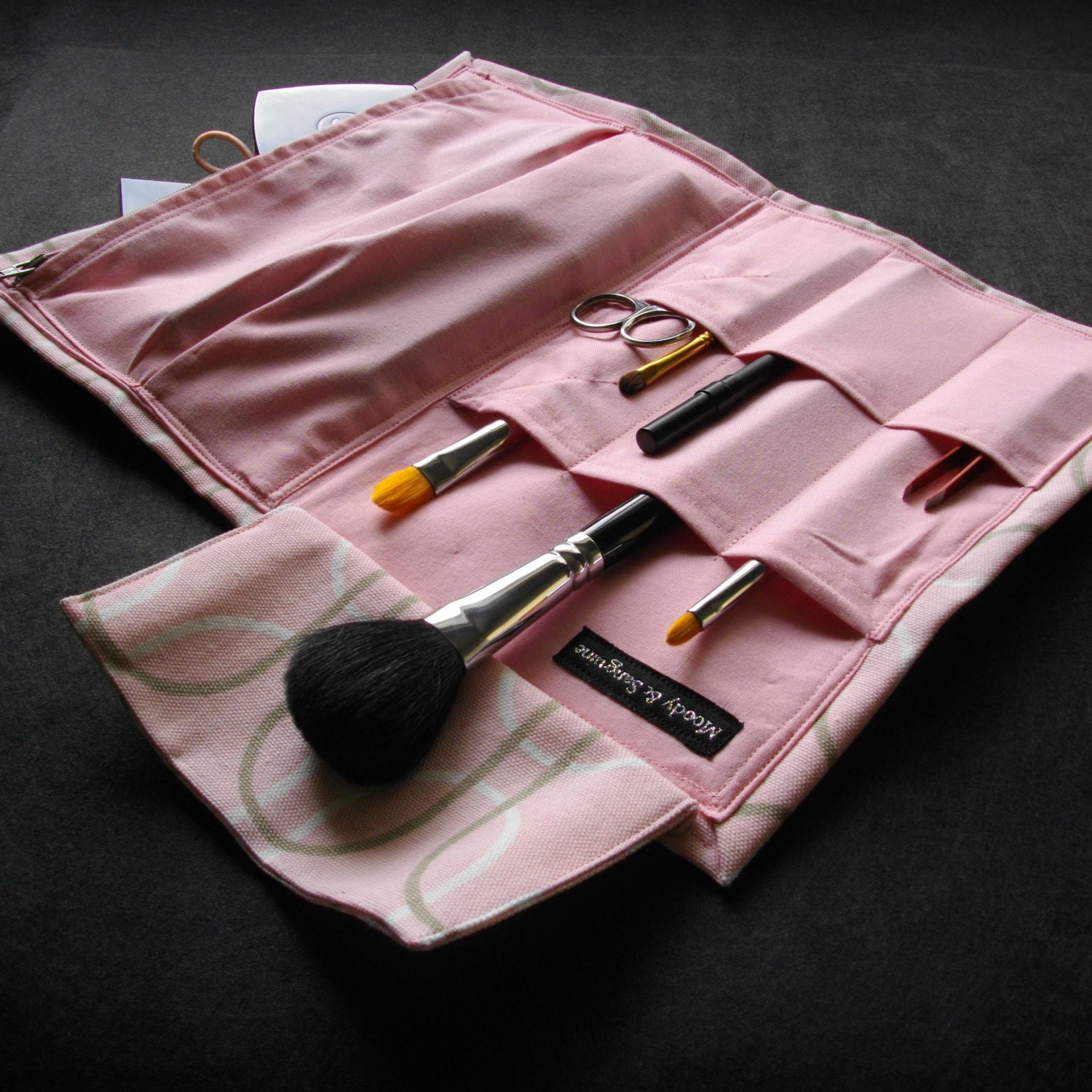 Makeup Bag - Marvellous Moveable Makeup - Brush Travel Roll - Pretty Pink Grey White Graphic , Pink Lining