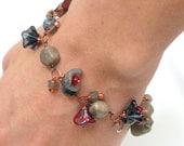 Charm Bracelet Urban Rock Garden, Mixed Metal Concept Art Bracelet, Copper with Grays Blue Red, Stones and Glass, Lady Bug