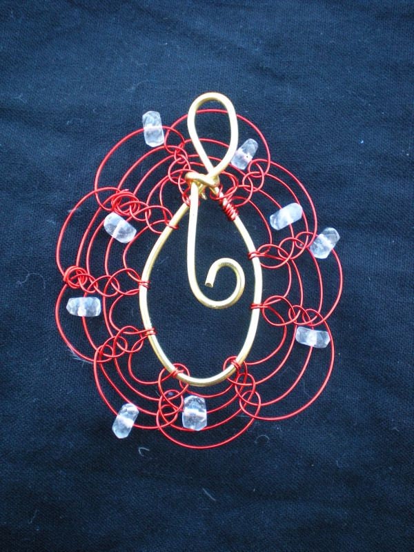 VIKING KNIT Flower Pendant with Faceted Quartz Dew Drops- Red Plated Copper with Brass Center - Energy - Healing - Power