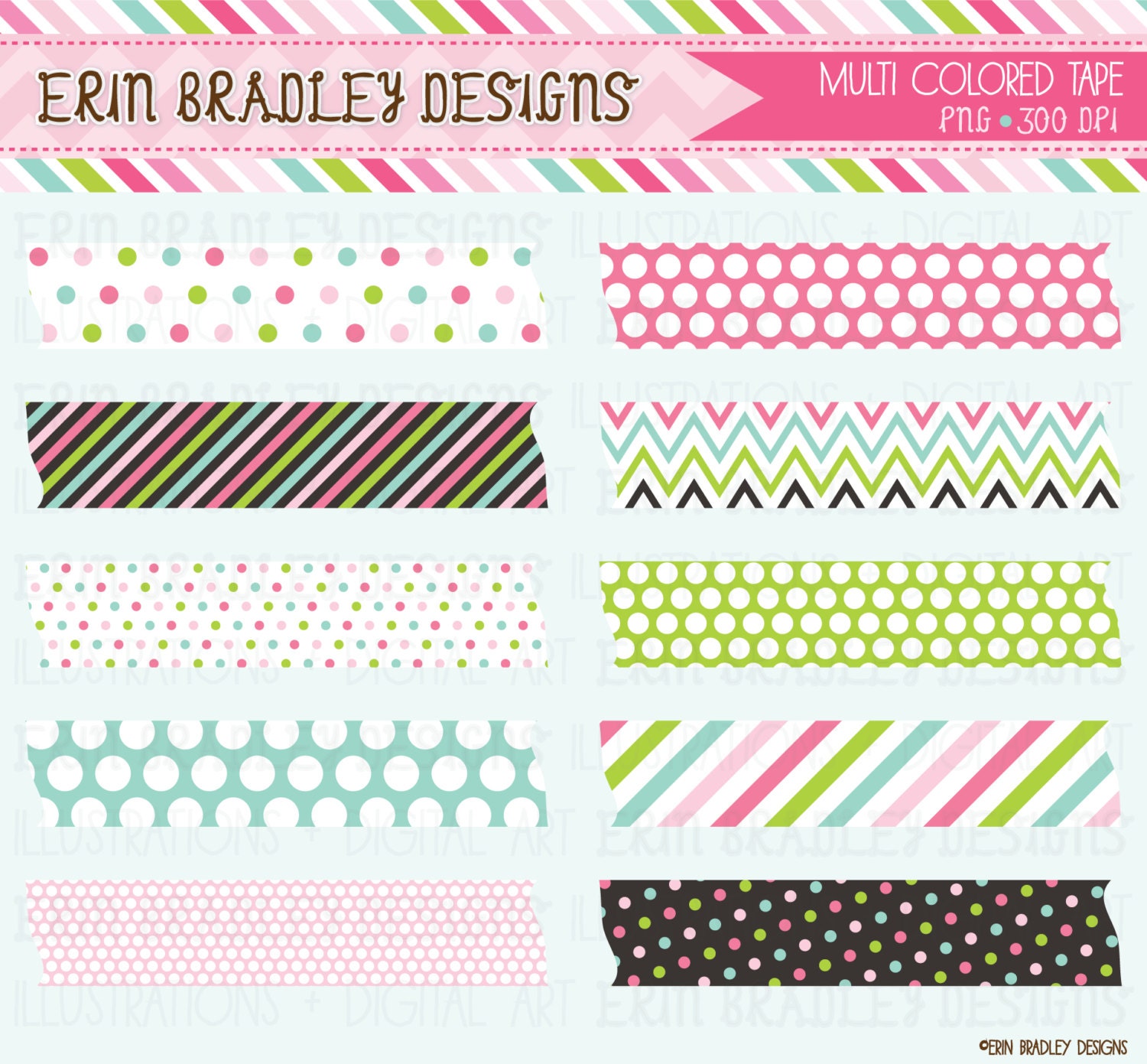 Multi Colored Polka Dotted and Striped Washi Tape Clipart Graphics Commercial Use Instant Download
