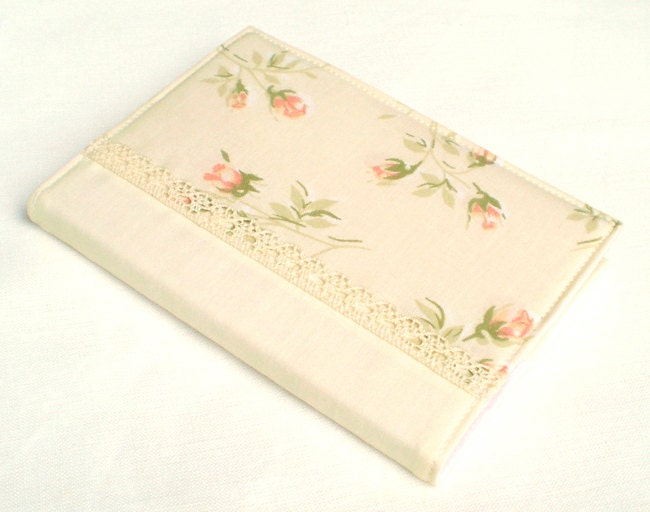 Fabric Journal - Sunlight Rosebuds - Handmade Fabric Cover A6 Notebook, Diary - Yellow and Peach Pink Romantic Roses on Vanilla