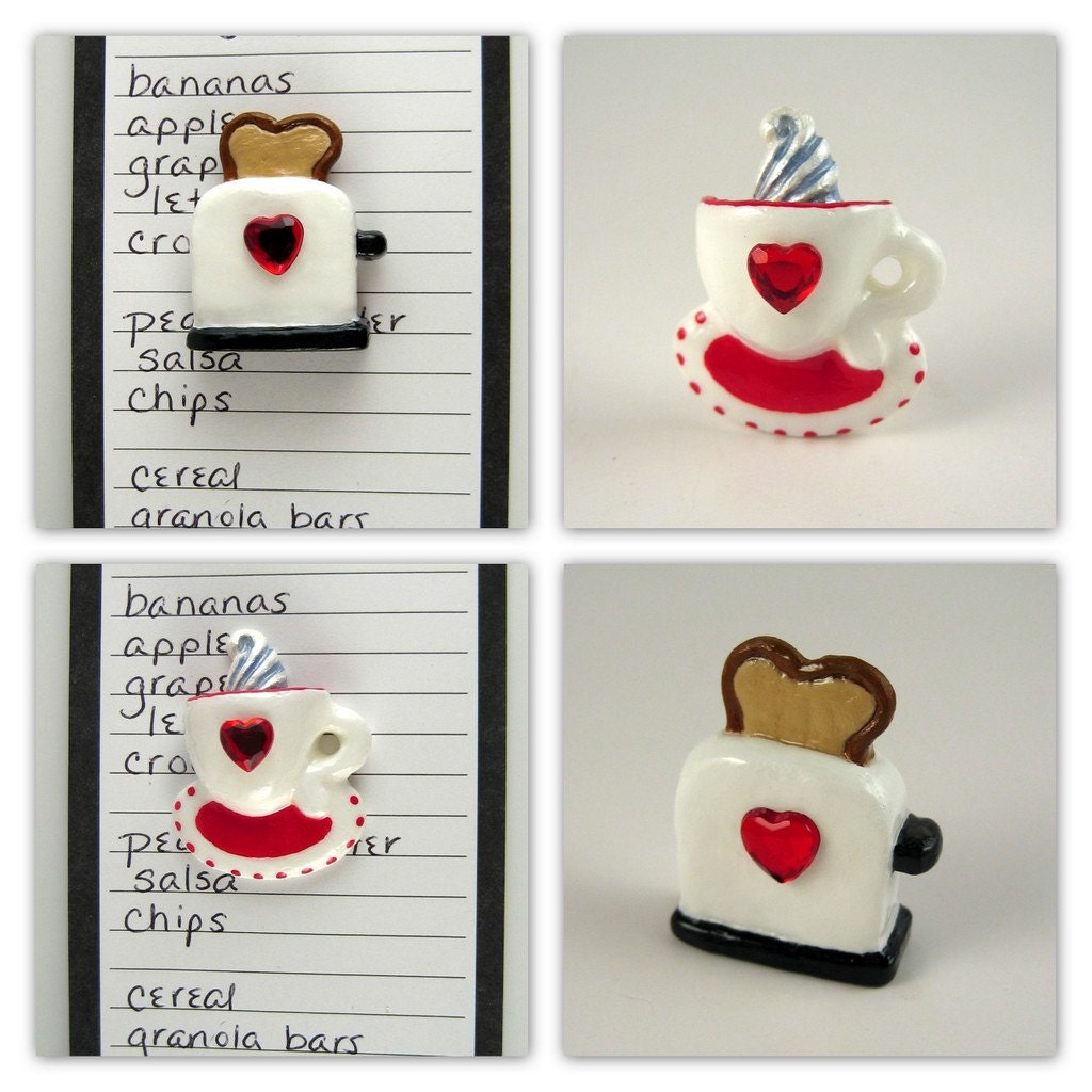 Cute Fridge Magnet - Toaster or Coffee Cup with red heart embellishment, kitchen decor, fake food