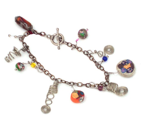 Polymer Clay Wire Chain Bracelet, with Accent Color Glass Beads