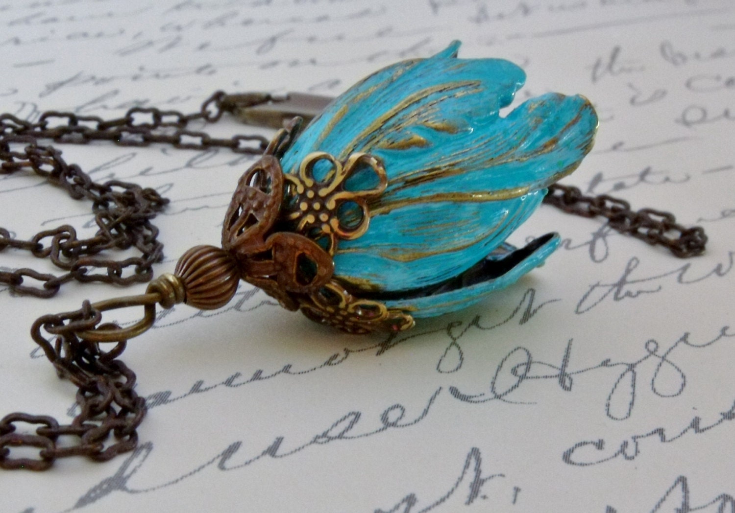 Turquoise Tulip Pendant Necklace, Tulip Flower Necklace