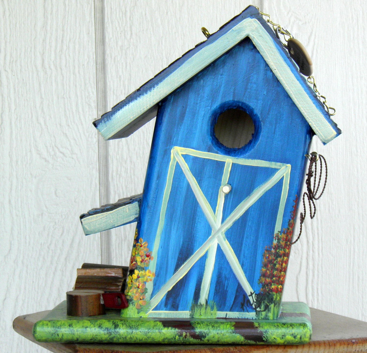 Environmentally Friendly Blue Barn Bird House, Hand Made, Hand Painted, Original Design
