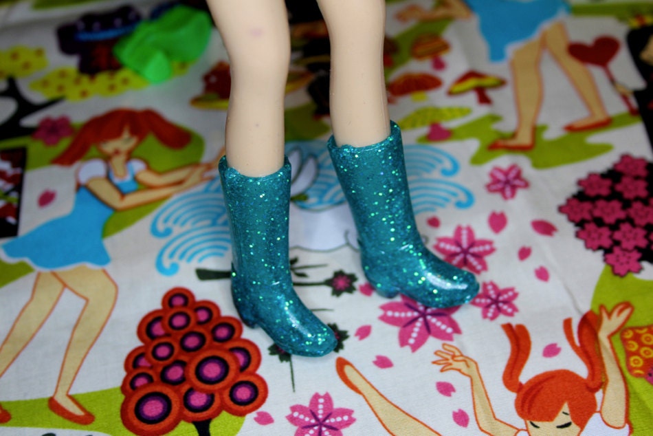 Blythe Aqua with glitter Harness Cowgirl Boots