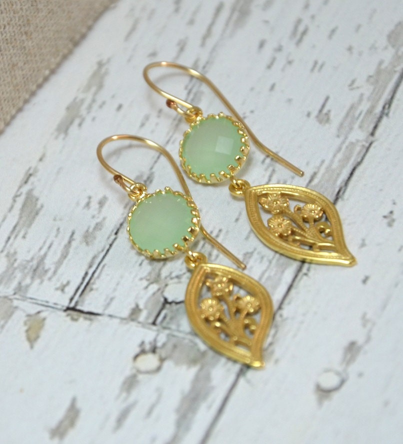 Dangle Earrings, Drop Earrings, Bridesmaid Earrings, Wedding Jewelry, Gold Filled Flower, Mint Green, Jewelry Gift