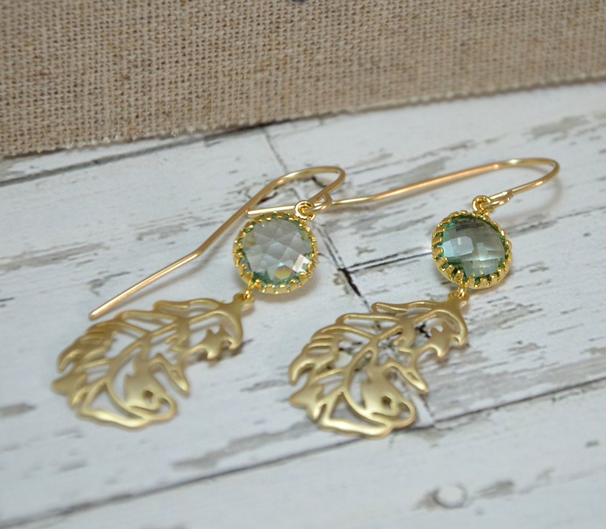 Gold earrings, 14k Gold Filled, Long Earrings, Irish Green Earrings, Wedding, Bridal Earrings, Jeweled Feather Dangle Earrings