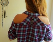 Purple Floral Trim Open Cold Shoulder Upcycled Plaid Eco Friendly Top/Shirt/Blouse Women's Size XL by MountainGirlClothing