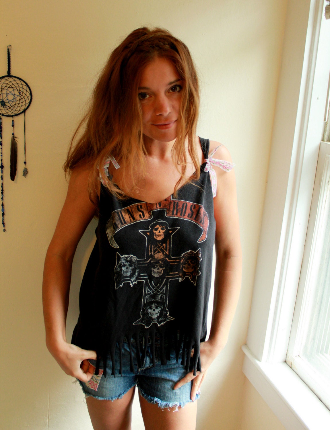 Guns'N'Roses Lace Trim Recycled/Upcycled Layering Oversized Tshirt Tank Top/Shirt Asymmetrical Hem One Size Hippie Boho Festival