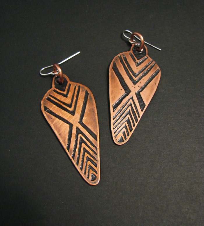 Etched Copper Earrings Tribal X Design Hand by JamieSpinello