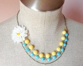 Daisy. Flower necklace, layered, aqua, yellow, statement necklace
