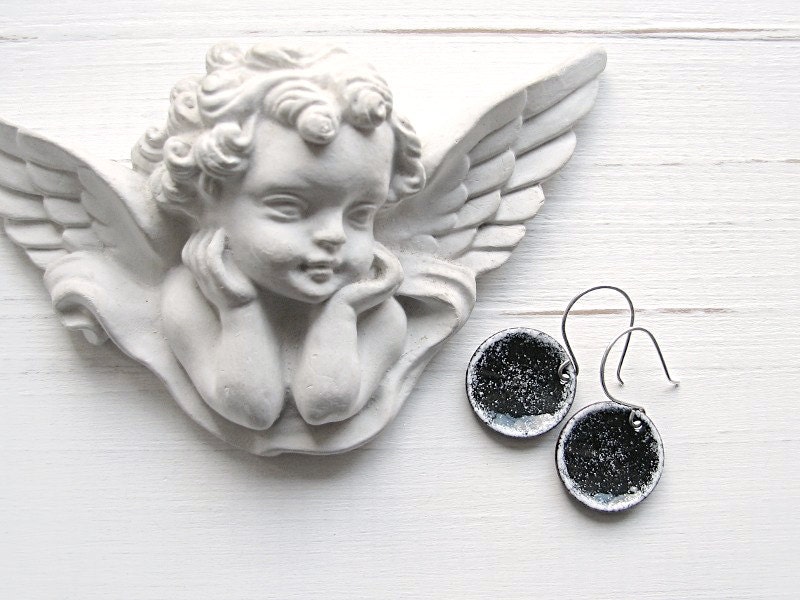 Stardust - Black And White Enamel Dangle Earrings, Copper And Sterling Silver