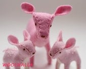 Wool Felt PINK Deer- Mama and Fawns, Woodland, Waldorf Toy, Felt Animal, Fantasy