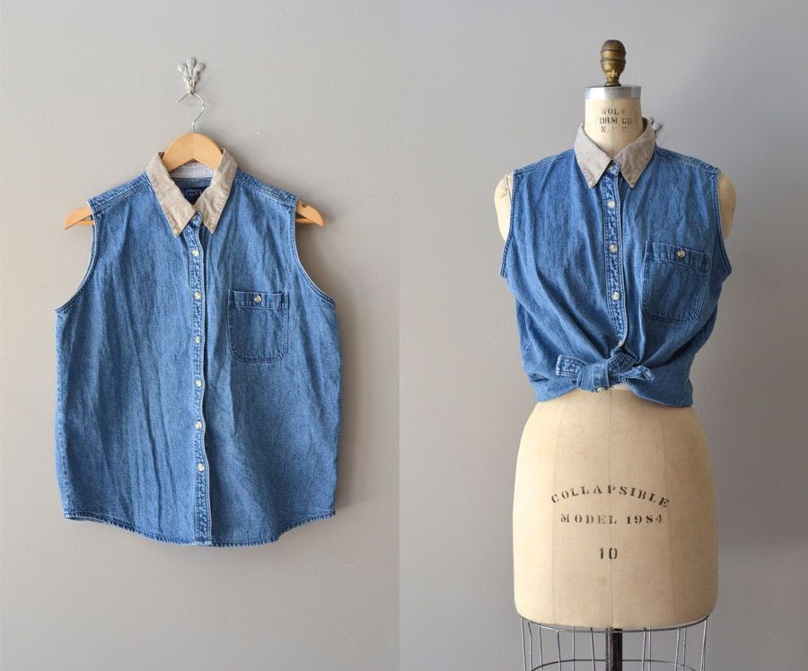 sleeveless denim shirt / collared denim top / vintage Ally top