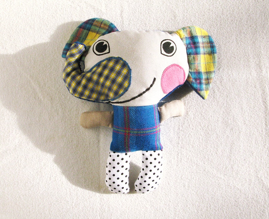 Recycled Fabric Plush Elephant Doll Patchwork Blue