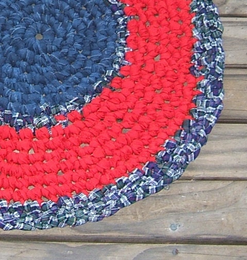 Crocheted Rug Hand made Red with Navy Plaid 24" round All Cotton Upcycled Materials