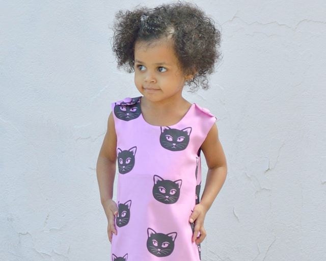 Pink Cat Organic Girls Dress - Eco Friendly Summer Pinafore - Kids Fashion (Ready to Ship in 2T, Made to Order 12 months 3T 4T)
