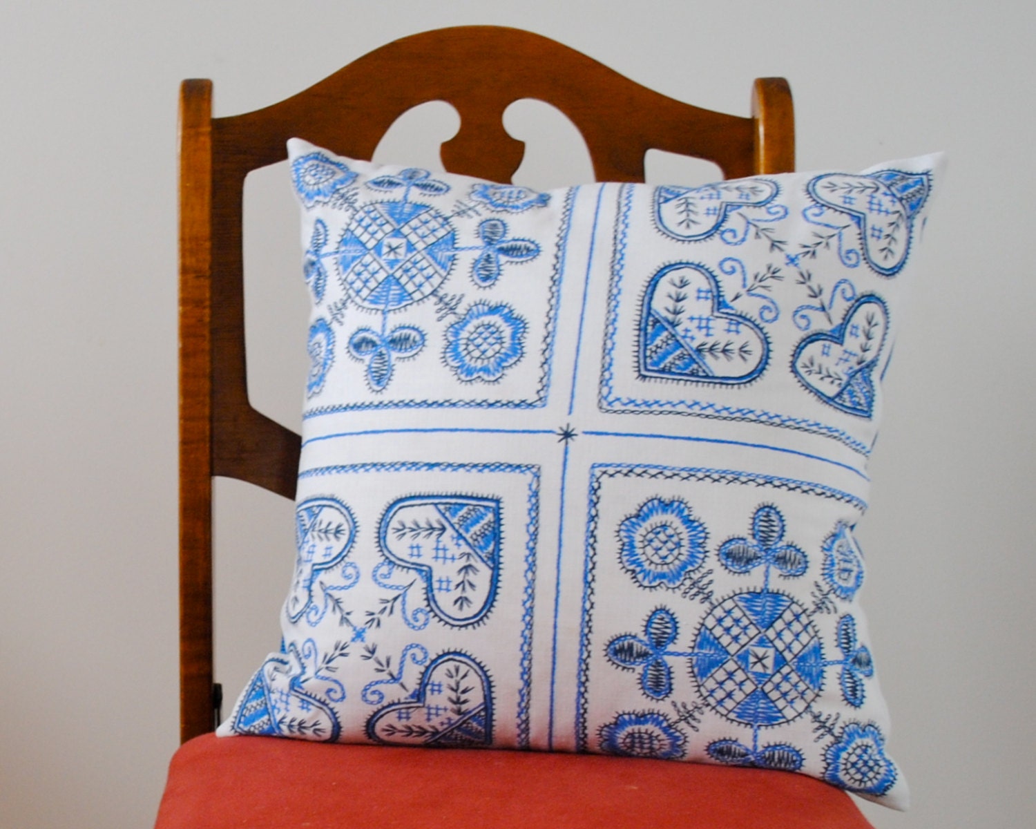 Nordic Hearts PILLOW Sham - Throw Pillow Cover Handmade with Vintage Swedish Cotton in Blue and White - Winter Home Decor