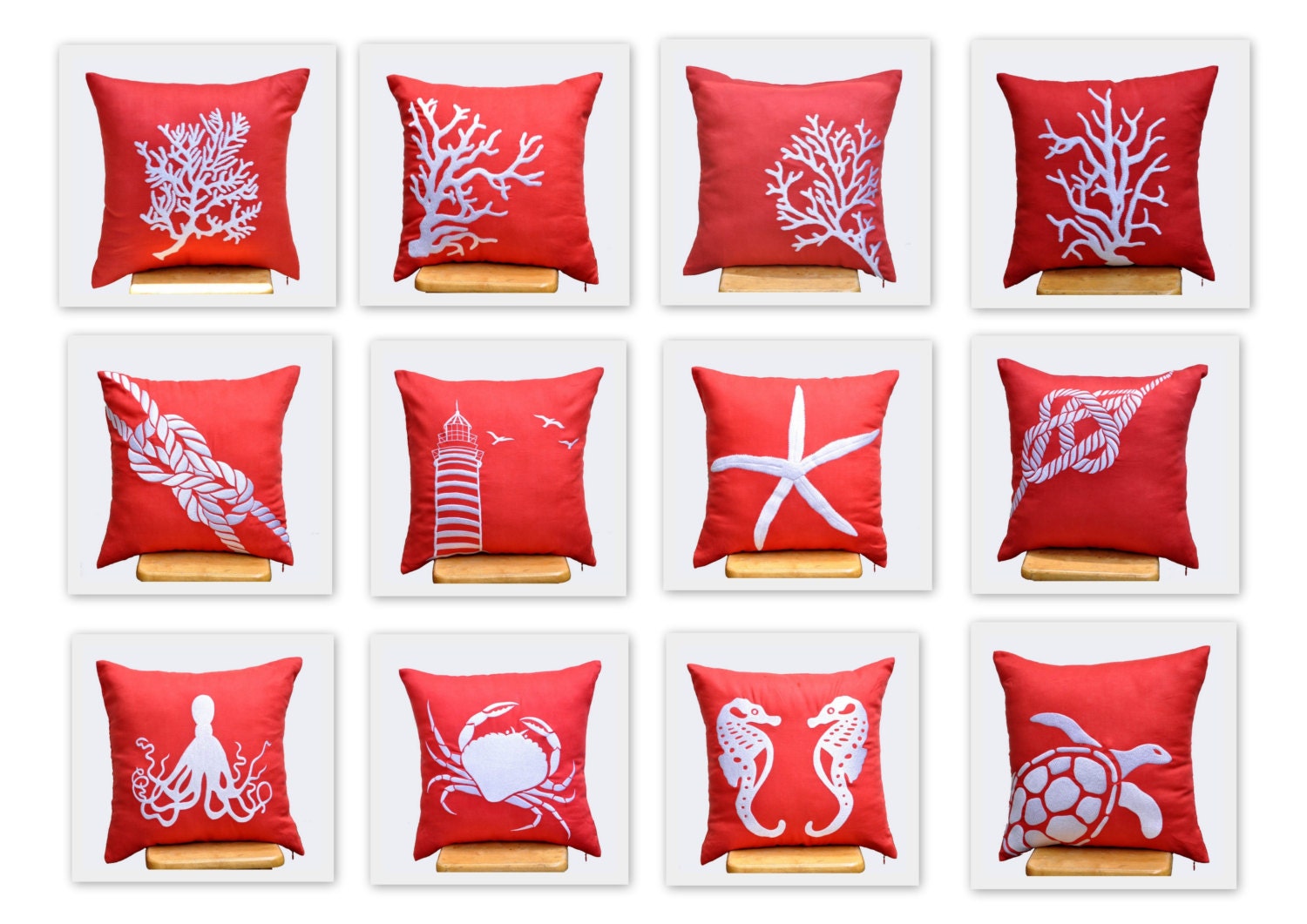 Orange Nautical Pillow Covers, 18 x 18 Throw Pillow Cover - Set of 4, Orange Pillow White Embroidery, CHOOSE THE DESIGN