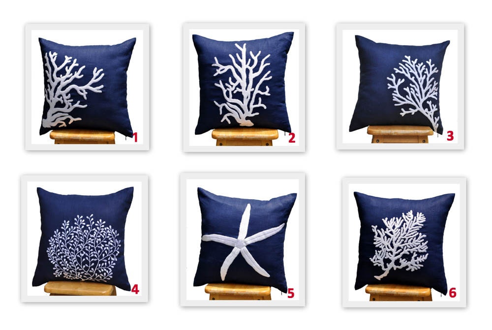 Blue Coral Pillow Covers, 18 x 18 Throw Pillow Cover - Set of 2, Navy Blue Pillow White Coral Embroidery, CHOOSE THE DESIGN