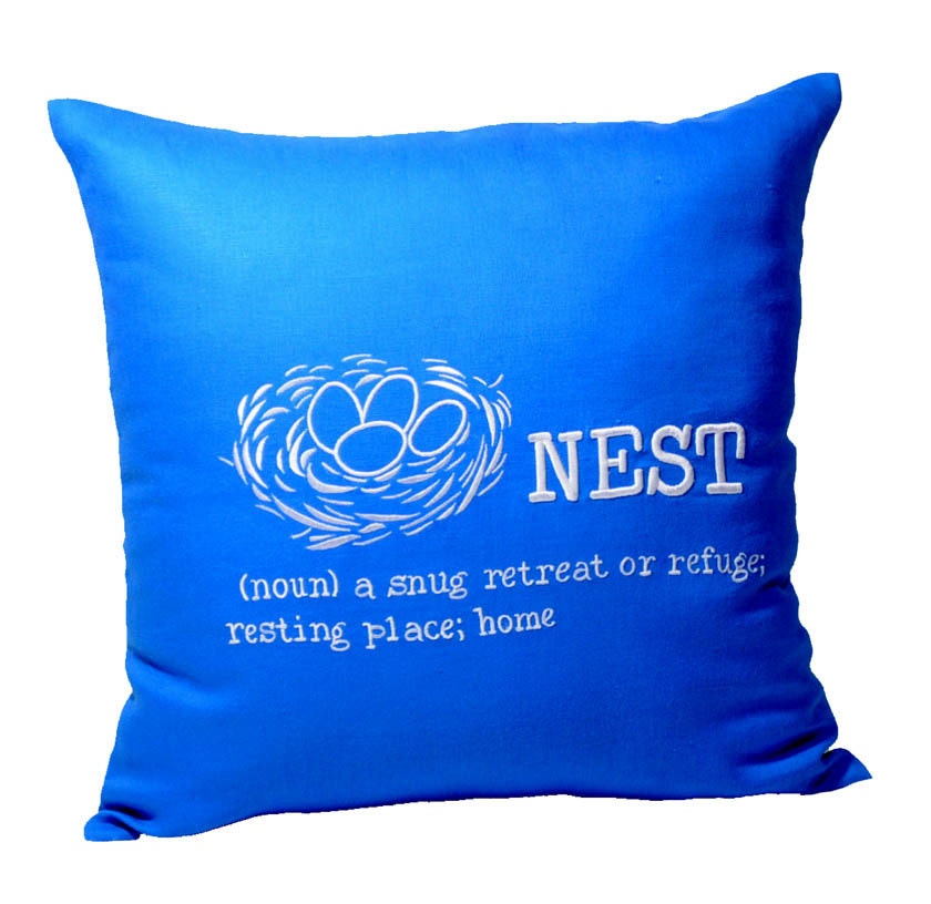 Nest Throw Pillow Covers, Blue Linen with White Nest Embroidery, Home Decorative Pillow 18 x 18, Bird Couch Pillow, Blue Cushion
