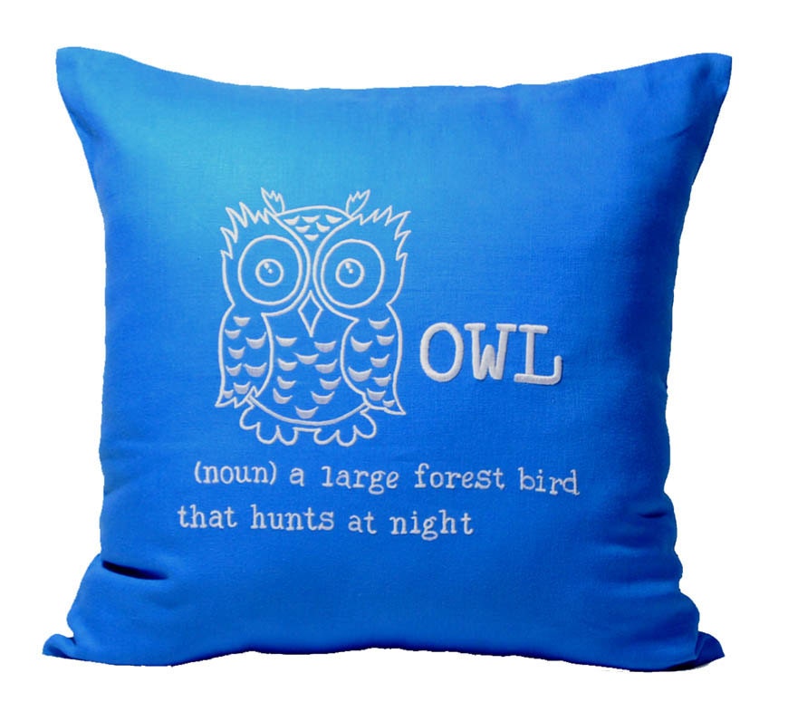 Owl Throw Pillow Covers, Blue Linen with WhiteOwl Embroidery, Home Decorative Pillow 18 x 18, Bird Couch Pillow, Blue Cushion