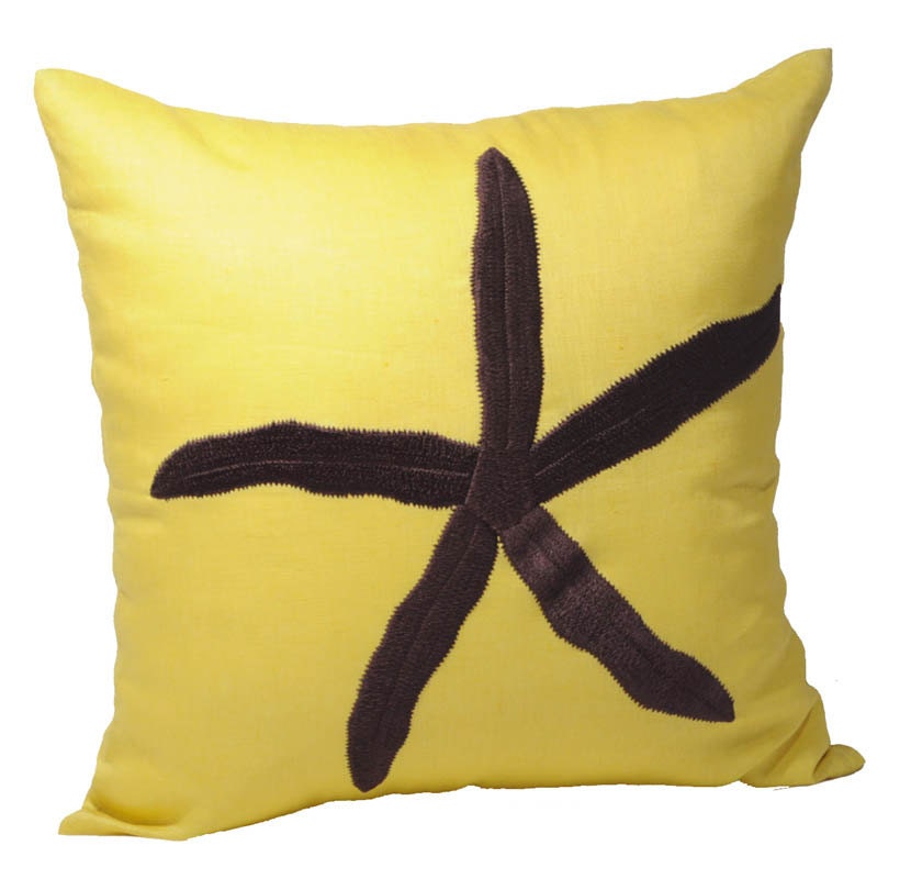 Starfish Decorative Pillow Cover, Yellow Citrine Linen with Dark Brown Starfish Embroidery, Nautical Pillow Cover 18 x 18, Cottage Decor