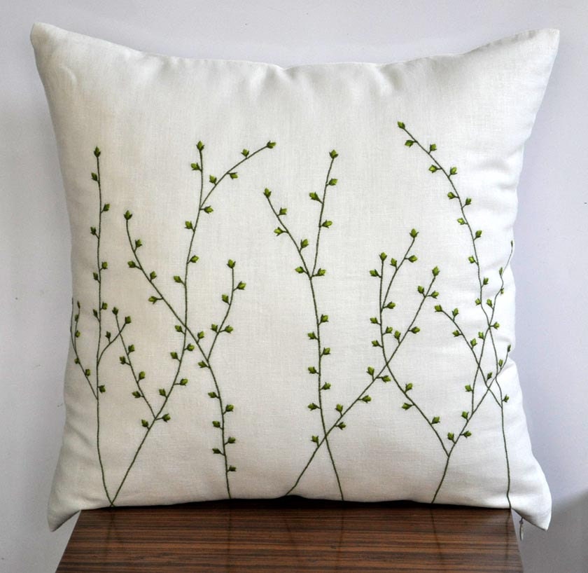 Pussy Willow Throw Pillow Cover, Decorative Pillow Cover, Cream Pillow Fresh Green Floral Embroidery, Pillow Accent, Pillow Case 18 x 18