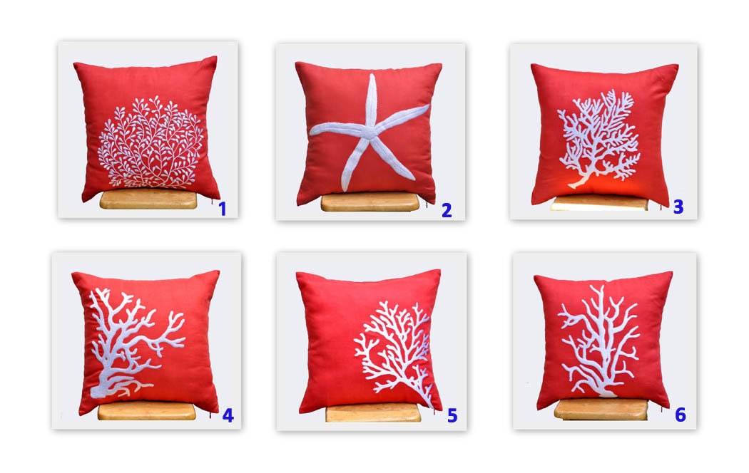 Coral Fan Decorative Pillow Cover, White Coral Embroidery on Red Orange Linen Pillow, Pillow case 18 x 18, Orange Pillow Accent,Pillow