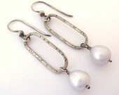 Pearl and Silver Dangle Earrings - Oval Sterling Silver with  Grey Silver Pearls - grey smoke off white pearl earrings