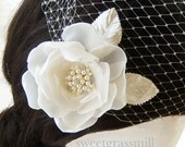Bridal Fascinator Veil Set - FLEURENNE - Ivory or White Handcrafted Flower Pearl Fascinator Birdcage Veil